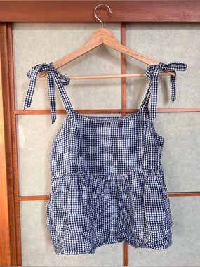 100% Cotton Blue White Gingham Bow Strap Top